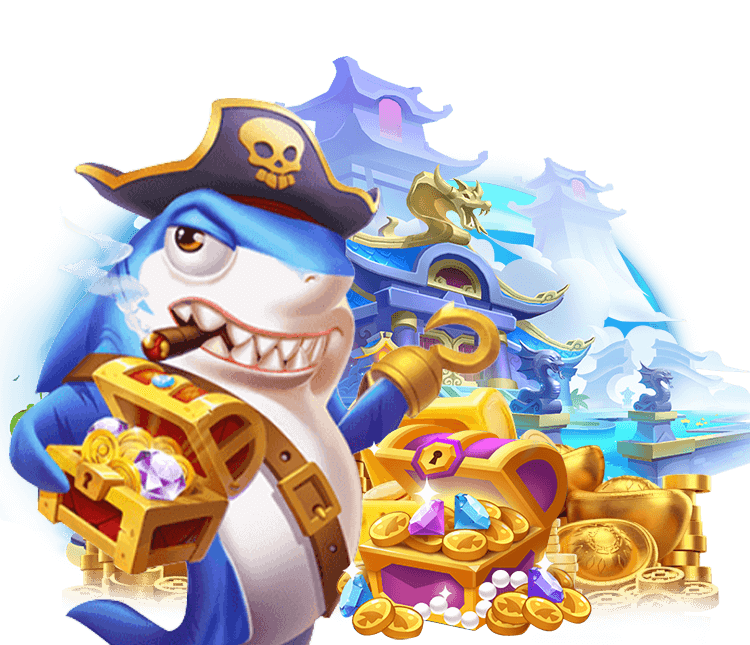 Hình ảnh game Bắn Cá Hải Tặc với tàu cướp biển, kho báu và các loài cá, màu sắc rực rỡ